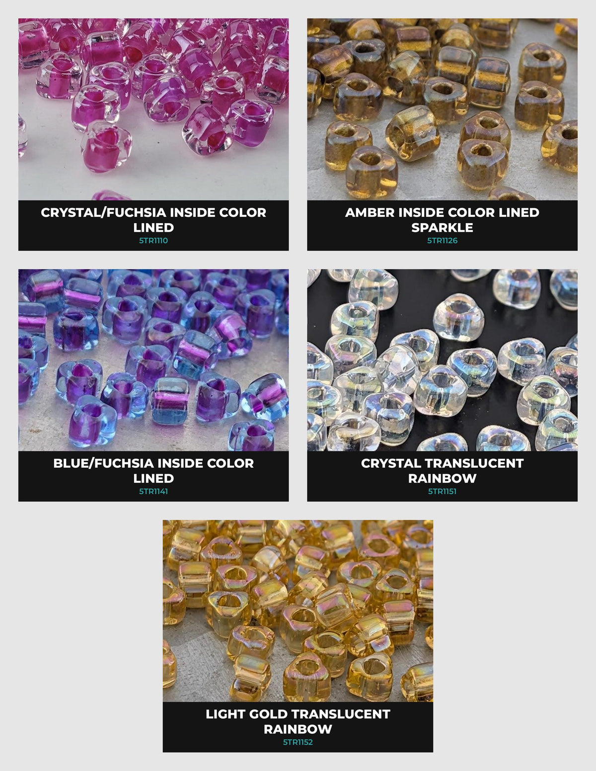 six different types of beads, each with a unique color and texture, arranged in a grid format.