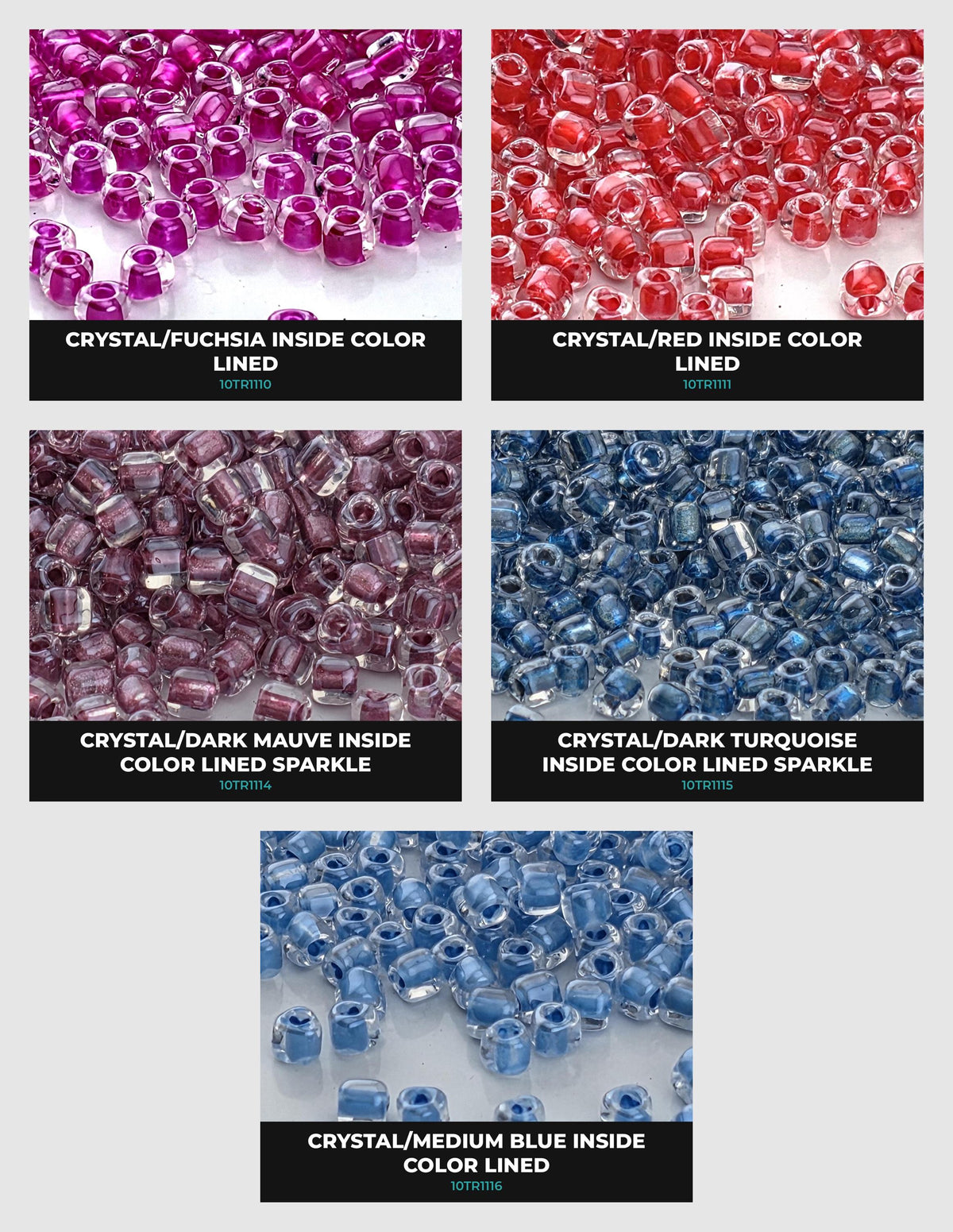 six different colored beads, each with a unique pattern and color. The beads are arranged in a grid format, with three rows and two columns. The first row features purple beads, the second row has red beads, and the third row has blue beads. Each row has a corresponding label that describes the color and pattern of the beads.