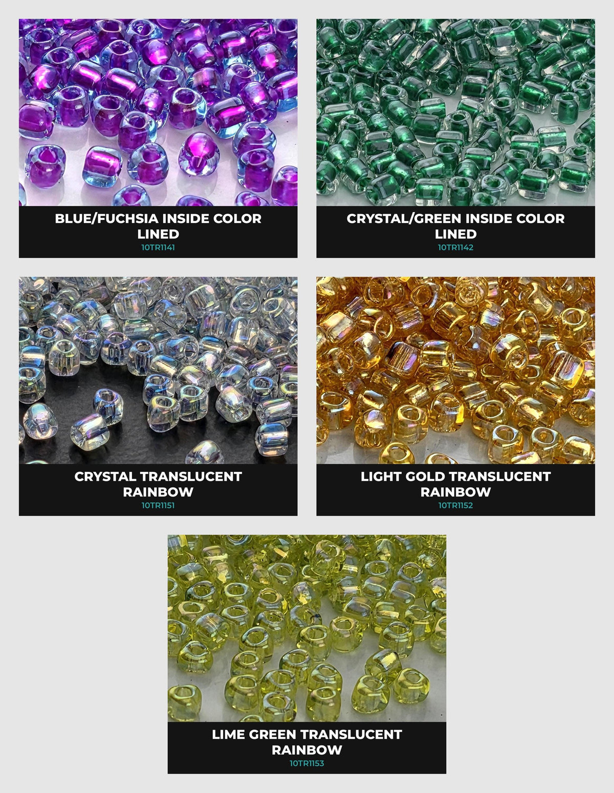 five different colored beads, each with a unique color and pattern. The beads are arranged in a grid-like pattern, showcasing a variety of colors and designs.