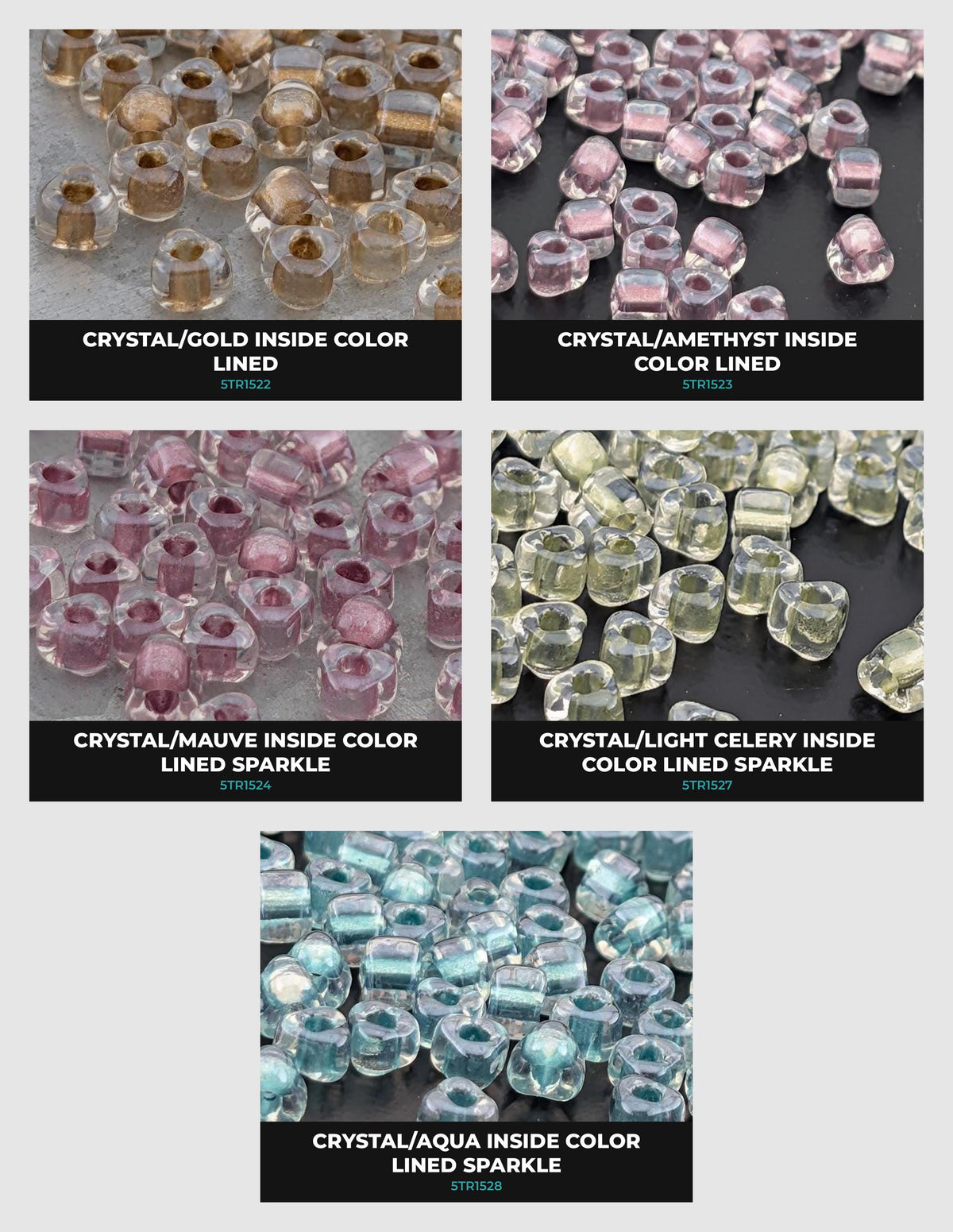 six different colored beads, each with a unique texture and pattern, arranged in a grid-like pattern.