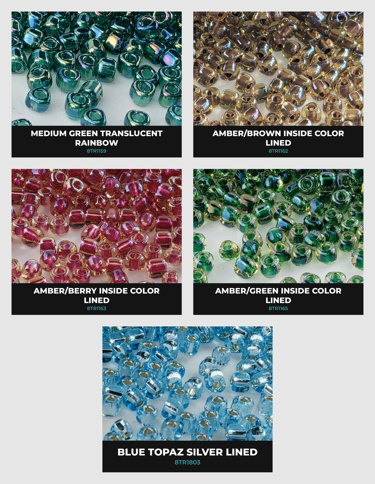 six different colored beads, each with a label indicating the color and type of bead.