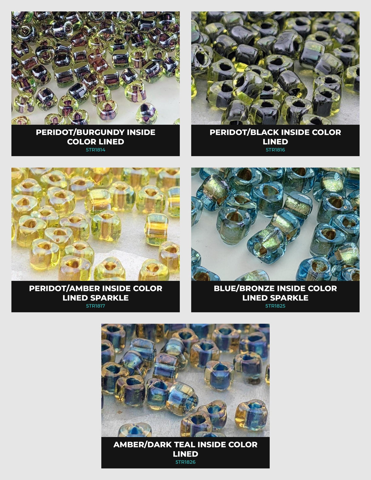 six different images of beads, each with a unique color and pattern. The images are arranged in a grid format, showcasing the variety of bead designs available.