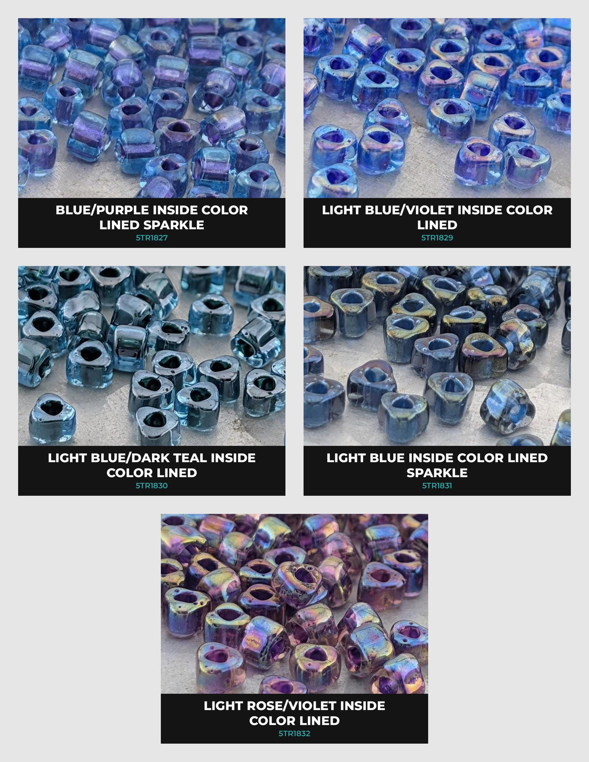 a collection of six different colored beads, each with a unique color and pattern. The beads are arranged in a grid format, with each row representing a different color and each column representing a different type of bead. The colors include blue, purple, teal, rose, violet, and light blue. The patterns vary, with some beads appearing to be lined, while others are not. The image does not contain any text, and the arrangement of the beads is organized in a grid format.