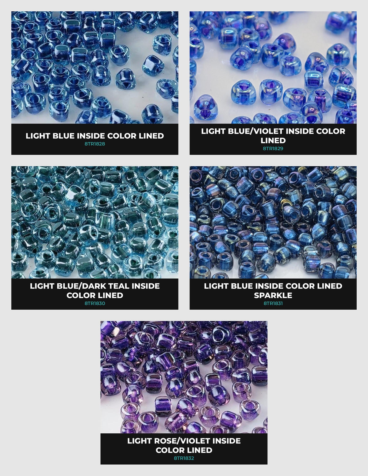 six different images of blue beads, each with varying shades of blue, arranged in a grid-like pattern. The images are labeled with text that describes the color of the beads, such as "LIGHT BLUE INSIDE COLOR LINED", "LIGHT BLUE/VIOLENT INSIDE COLOR LINED", "LIGHT BLUE/TEAL INSIDE COLOR LINED", "LIGHT BLUE/ROSE/VIOLENT INSIDE COLOR LINED", and "LIGHT BLUE/ROSE/TEAL INSIDE COLOR LINED".
