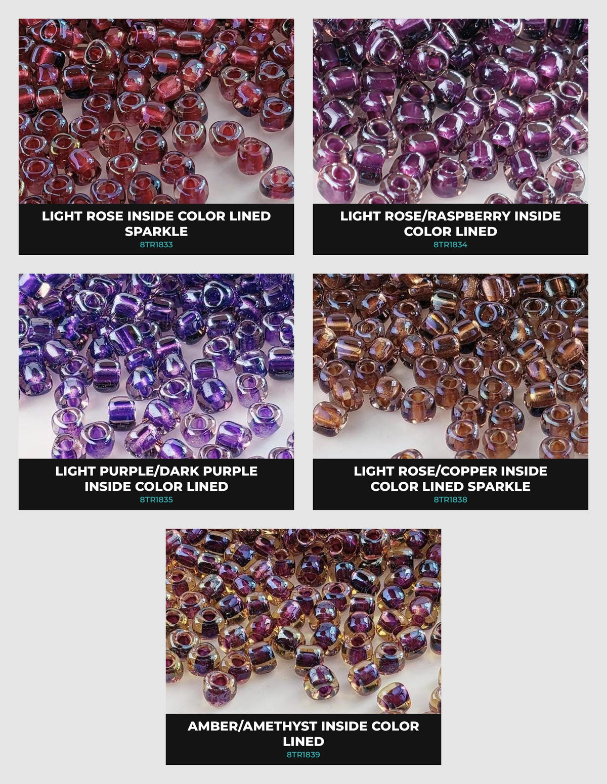 a collection of six different colored beads, each with a unique color and pattern. The beads are arranged in a grid format, with three rows and two columns. The colors of the beads include rose, raspberry, light rose/raspberry, light purple, light dark purple, and amber/amethyst. The beads are lined up, showcasing their distinct colors and patterns.