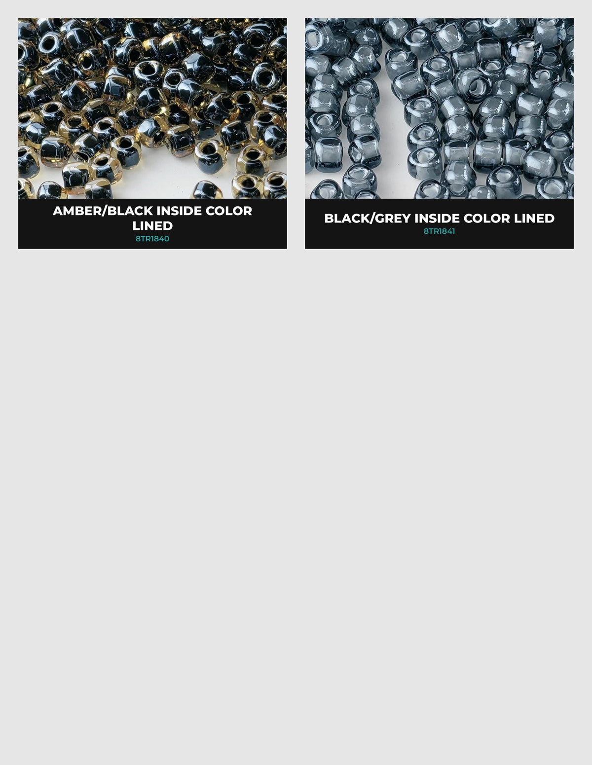 two separate images of beads, one with a black/grey inside color lined design and the other with a black/grey inside color design.