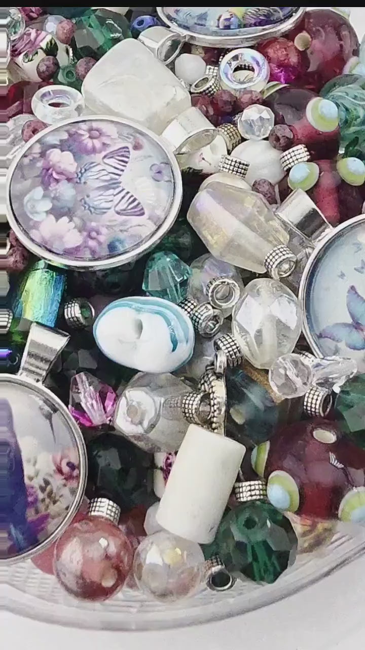 Garnet Ivy Bead Soup Mix | Garnet Forest Green Glass Beads | Mermaid Lady Cabochon Pendants | DIY Jewelry Making | Learise Curated Mix