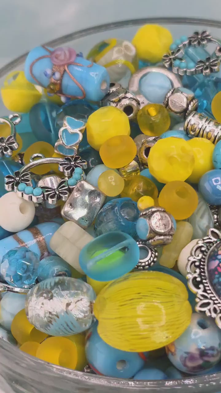 Glass & Stone Bead Mix "Butterfly Affected" Yellow and Aqua (2oz for Jewelry Making)