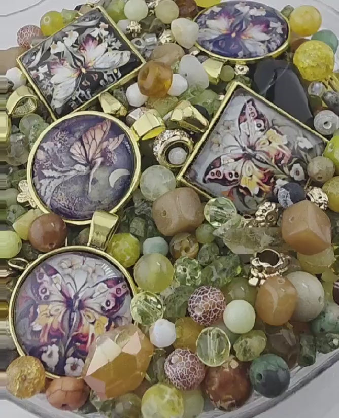Butterfly Reverie Bead Soup Mix | Amber and Multi-Color Glass Beads | Butterfly and Fairy Cabochon Pendants | DIY Jewelry Making