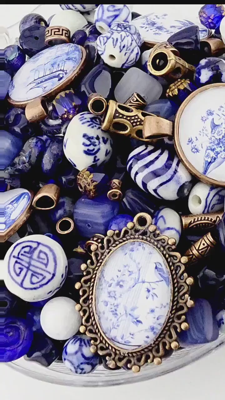 Willow and Copper Bead Soup Mix | Blue and White Chinoiserie Glass Beads | Copper Bird and Floral Cabochon Pendants | DIY Jewelry Making