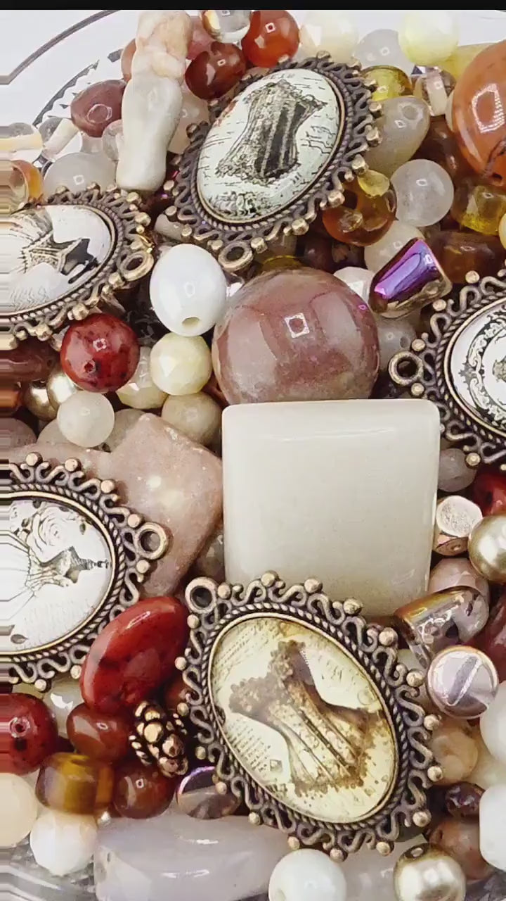 Vintage Atelier Bead Soup Mix | Cream, Maroon and Copper Glass Beads | Victorian Corset and Dress Cabochon Pendants | DIY Jewelry Making