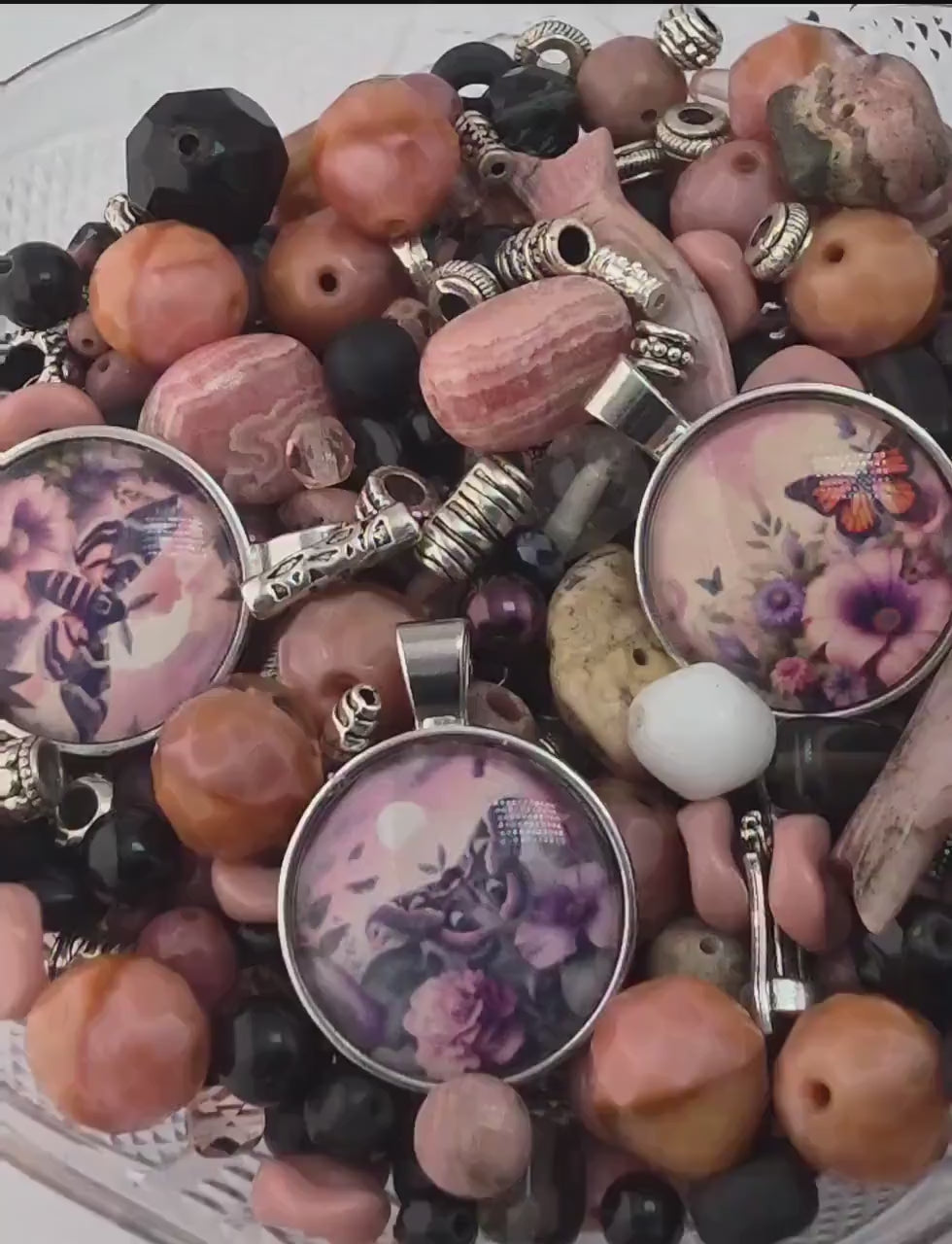 Bead Soup Mix, Blush & Black Glass | Bee and Cat Cabochon | DIY Jewelry Making