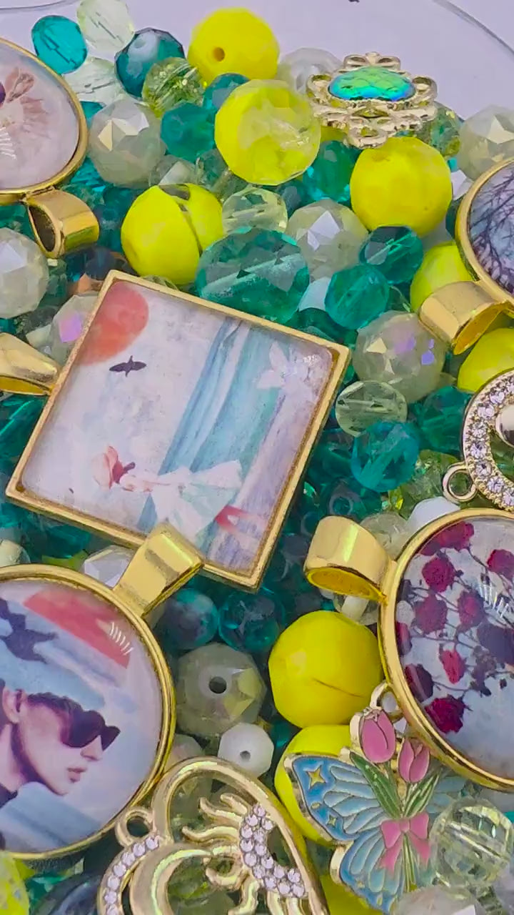 Cote d' Azur Bead Soup Mix | Teal & Yellow Glass Beads | Art Deco Pendants with Matching Glass Beads | DIY Jewelry Making