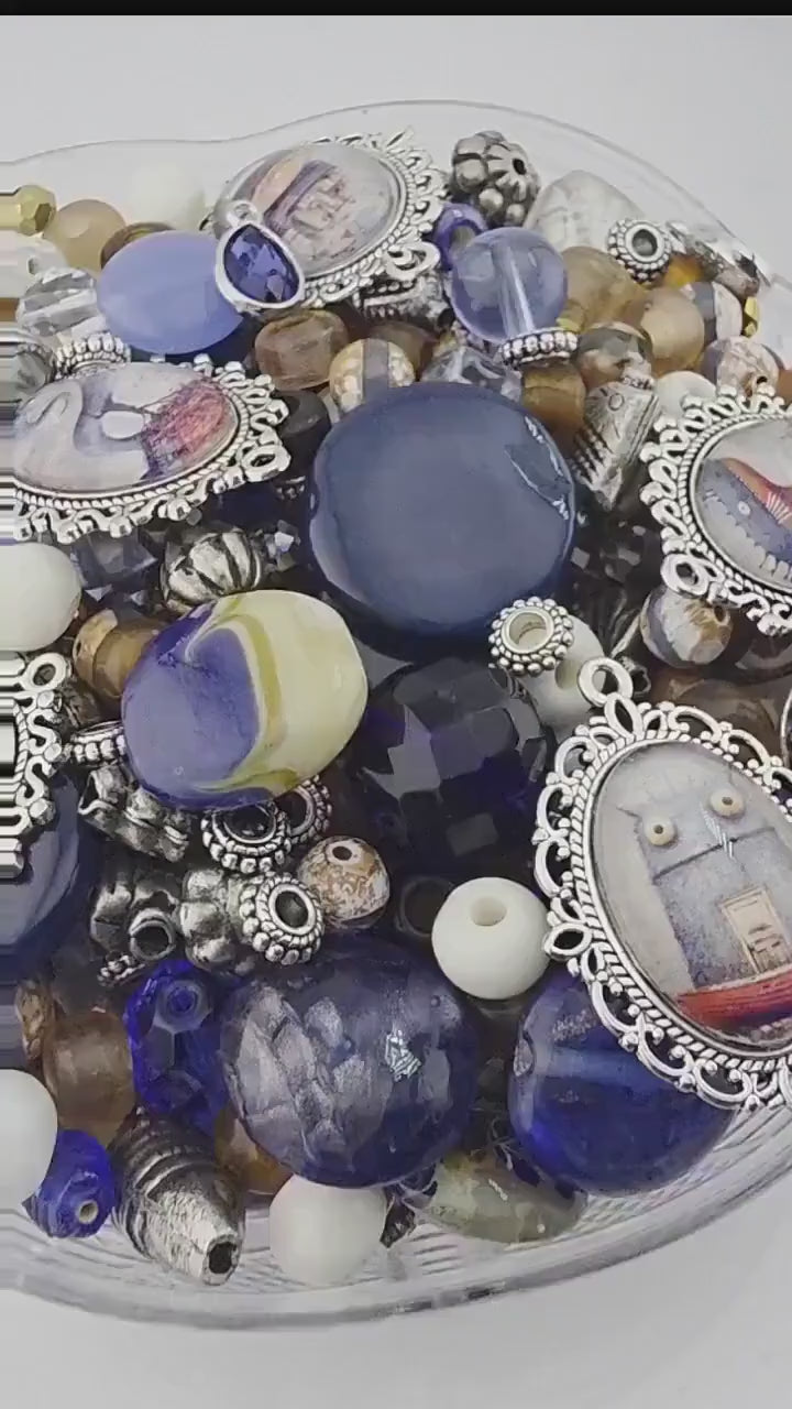 Here Be Dragons Bead Soup Mix, Navy & Cream Glass | Sea Monster Pendants | DIY Jewelry