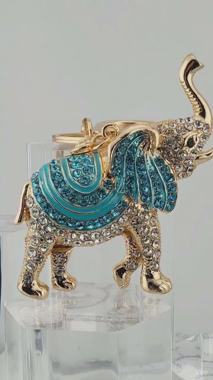 Boho Elephant Pendant, Gold Plated with Blue and White Crystals (Nature Inspired)