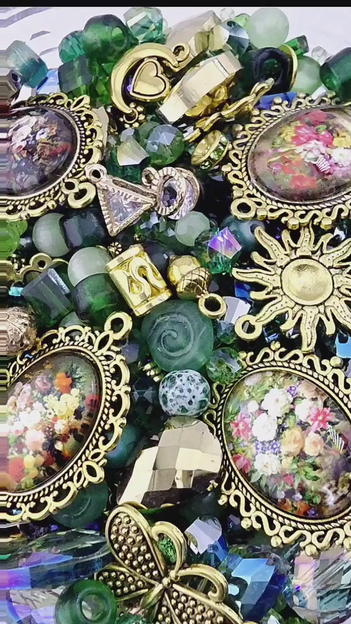 Emerald Bouquet Bead Soup Mix | Emerald Green and Gold Glass Beads | Victorian Floral and Butterfly Pendants | DIY Jewelry Making
