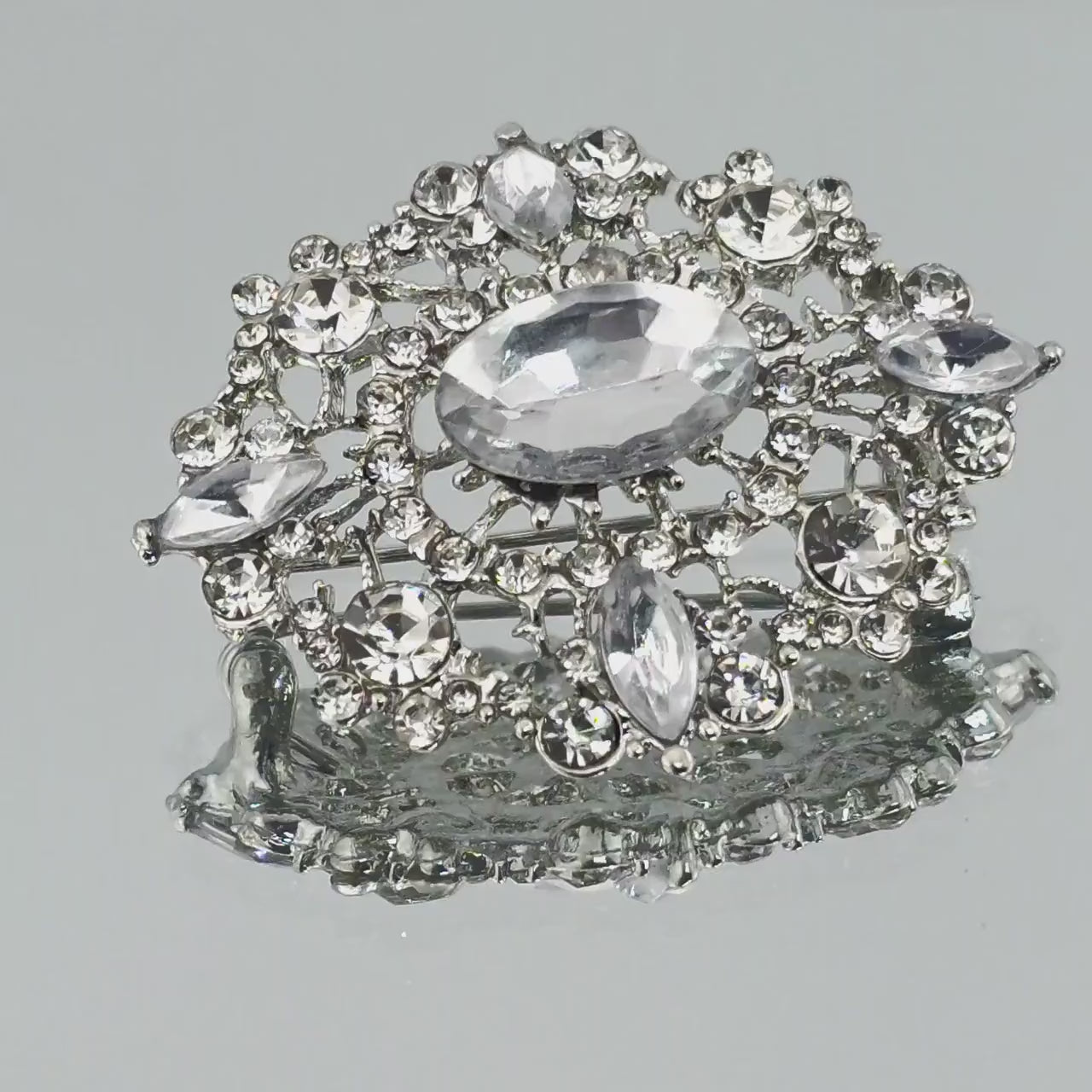 Crystal Rhinestone Brooch Pin, Large Sparkle (Silver Plated)
