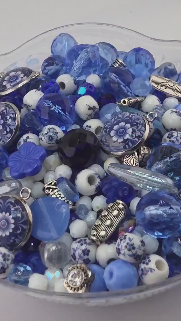 Indigo Garden Curated Bead Mix | Floral Porcelain & Cobalt Blue Glass | 2 oz Jewelry Supply