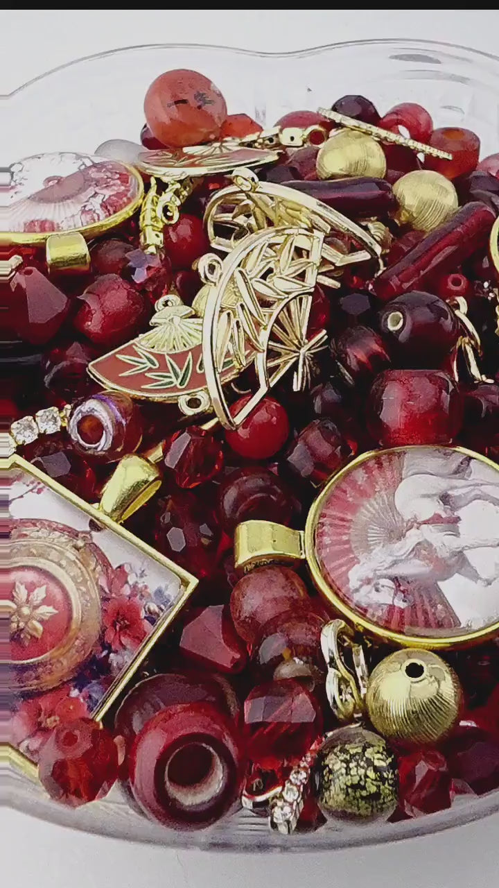Crimson Lantern Bead Soup Mix | Deep Red and Gold Glass Beads | Oriental Fan Cabochon Pendants | DIY Jewelry Making | Learise Curated Mix