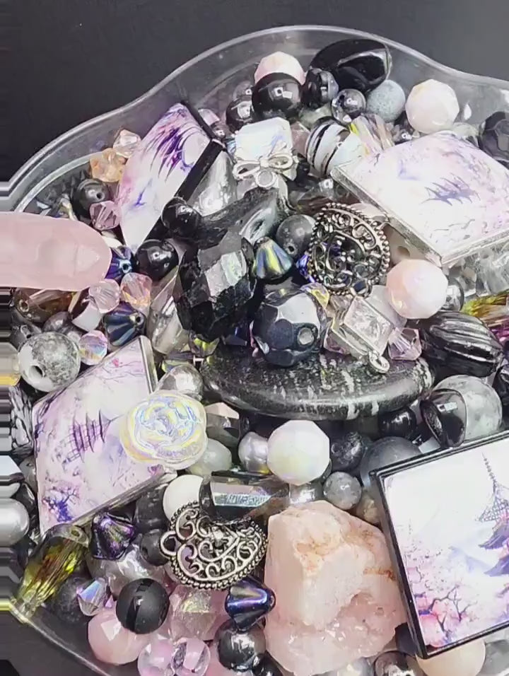 Sakura Mist Bead Soup Mix | Soft Pink Black Glass Beads | Pagoda Mt. Fuji Cabochon Pendants | DIY Jewelry Making | Learise Curated Mix