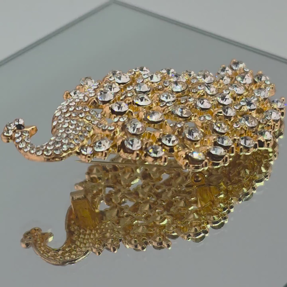 Peacock Brooch, Golden Rhinestone Pin | Gold Plated | Compact Accessory