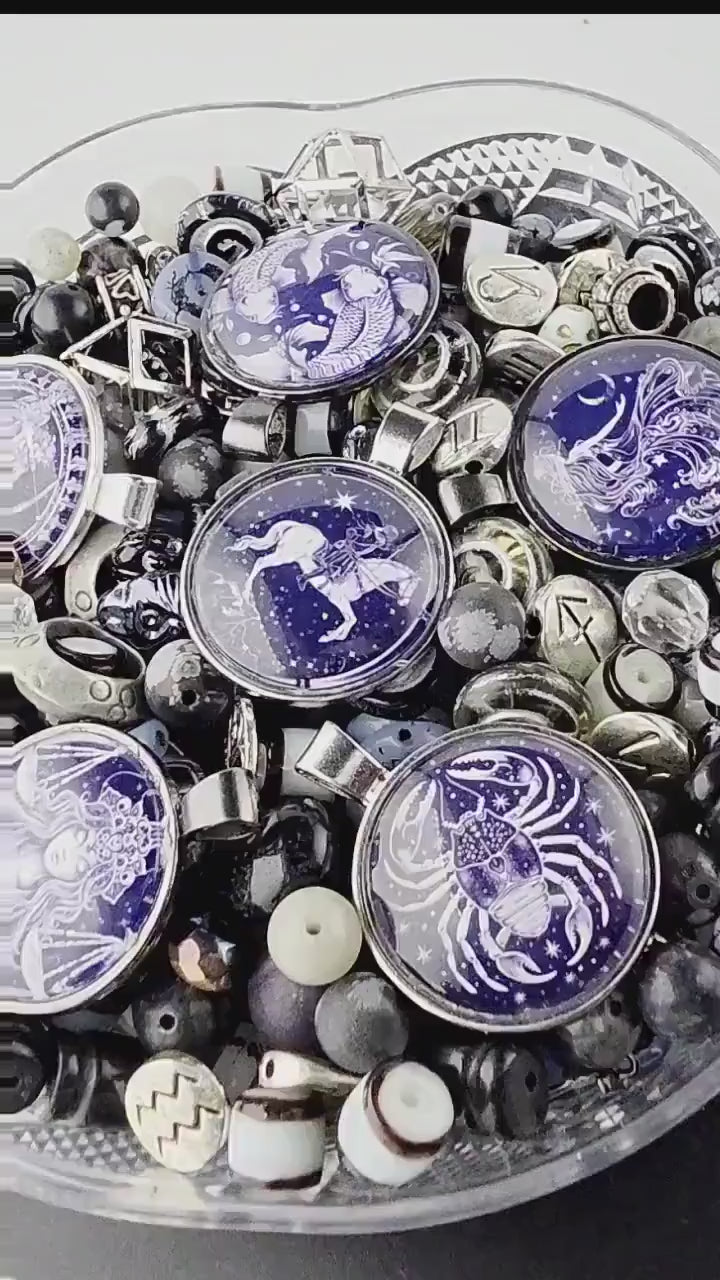 Bead Soup Mix, Inky Purple & Silver Zodiac Cabochon | Celestial Glass Beads
