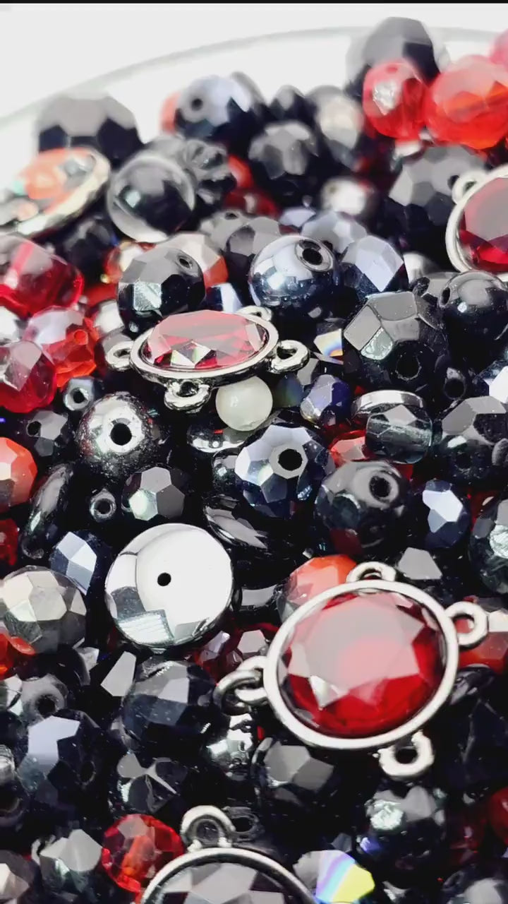 Midnight Flame Glass Beads, Red and Black Mix (Faceted Czech Bead Soup)