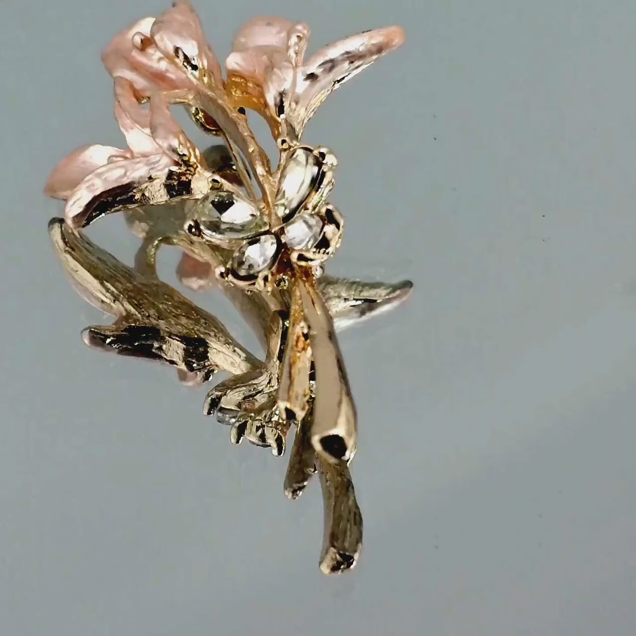 Floral Resin Tulip Brooch, Rhinestones and Pearl (60x35mm Pin)