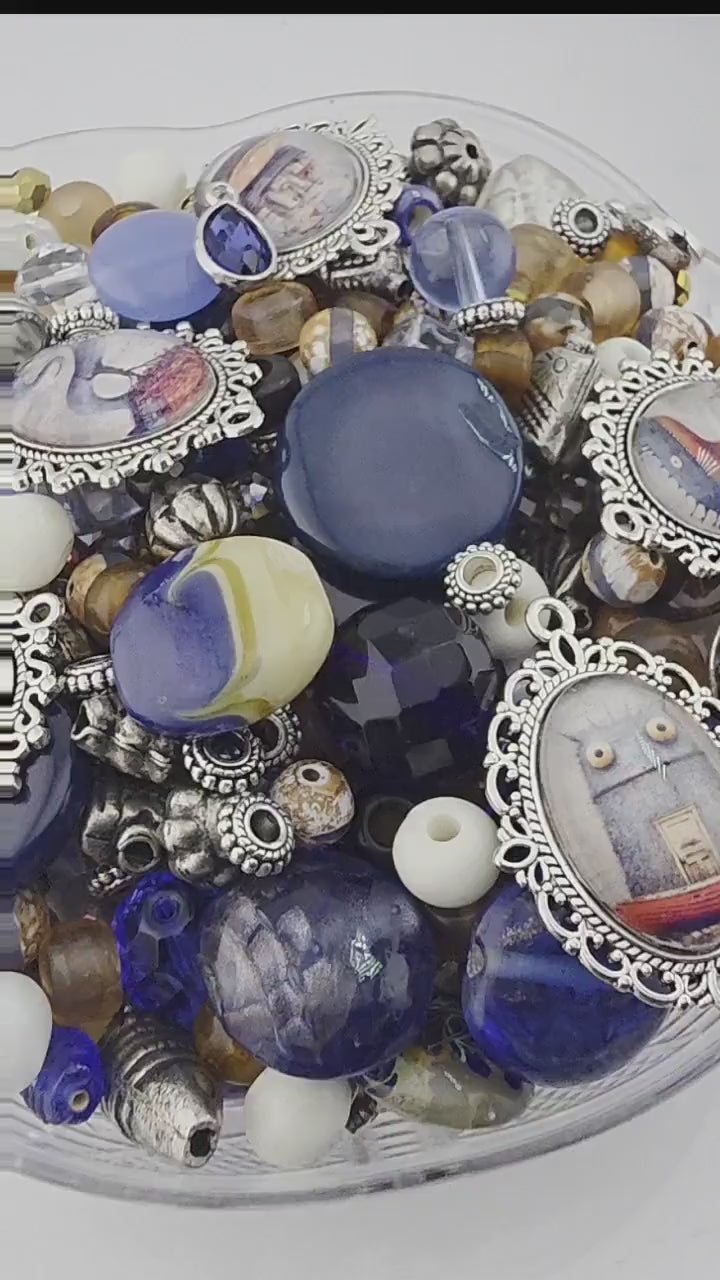 Here Be Dragons Bead Soup Mix | Navy, Cream Silver Glass Beads | Sea Monster Galleon Pendants | DIY Jewelry Making | Learise Curated Mix