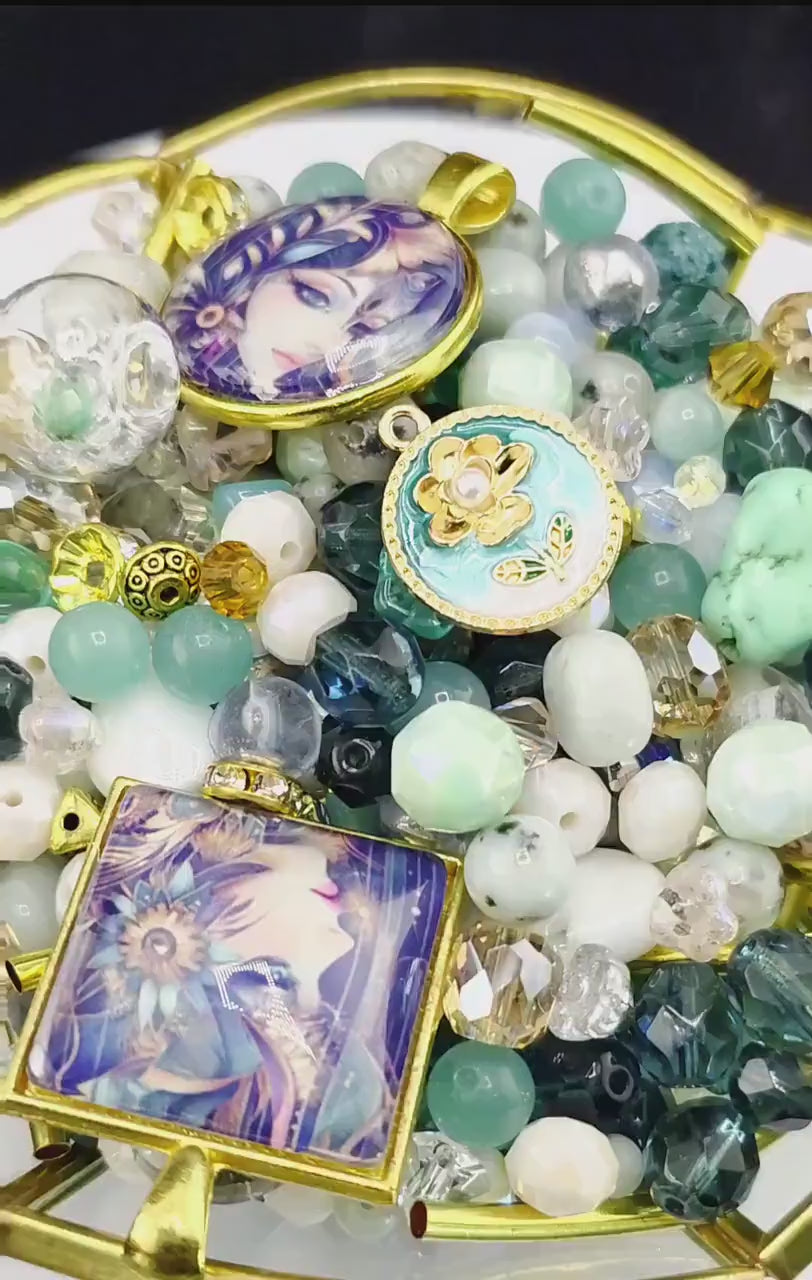 Faerie Court Bead Soup Mix | Teal, Black and Gold Glass Beads | Fae and Cat Cabochon Pendants | DIY Jewelry Making | Learise Curated Mix