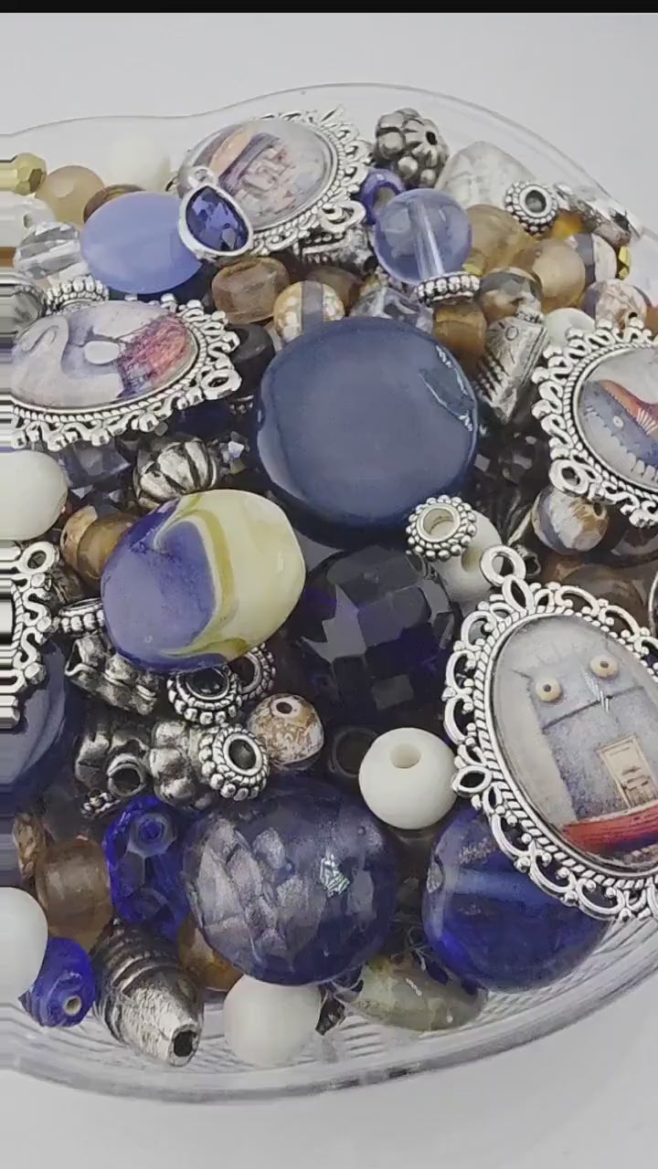 Here Be Dragons Bead Soup Mix | Navy, Cream Silver Glass Beads | Sea Monster Galleon Pendants | DIY Jewelry Making | Learise Curated Mix