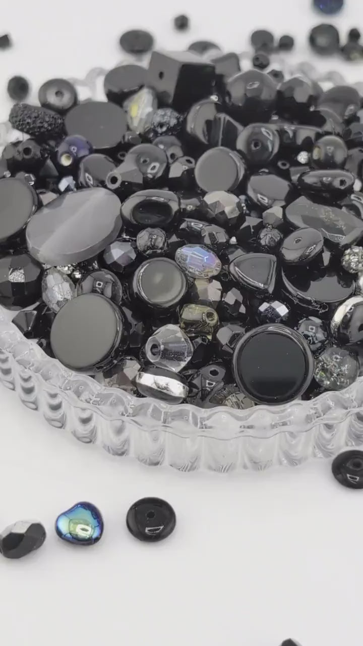 Glass Bead Soup Mix: Black and Charcoal Faceted Beads - Swarovski Charms