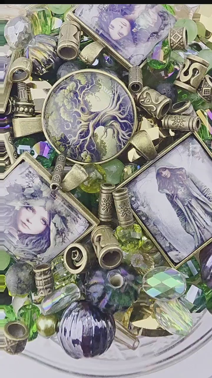 Velvet Reverie Bead Soup Mix | Emerald and Plum Glass Beads | Dragonfly and Fae Cabochon Pendants | DIY Jewelry Making | Learise Curated Mix