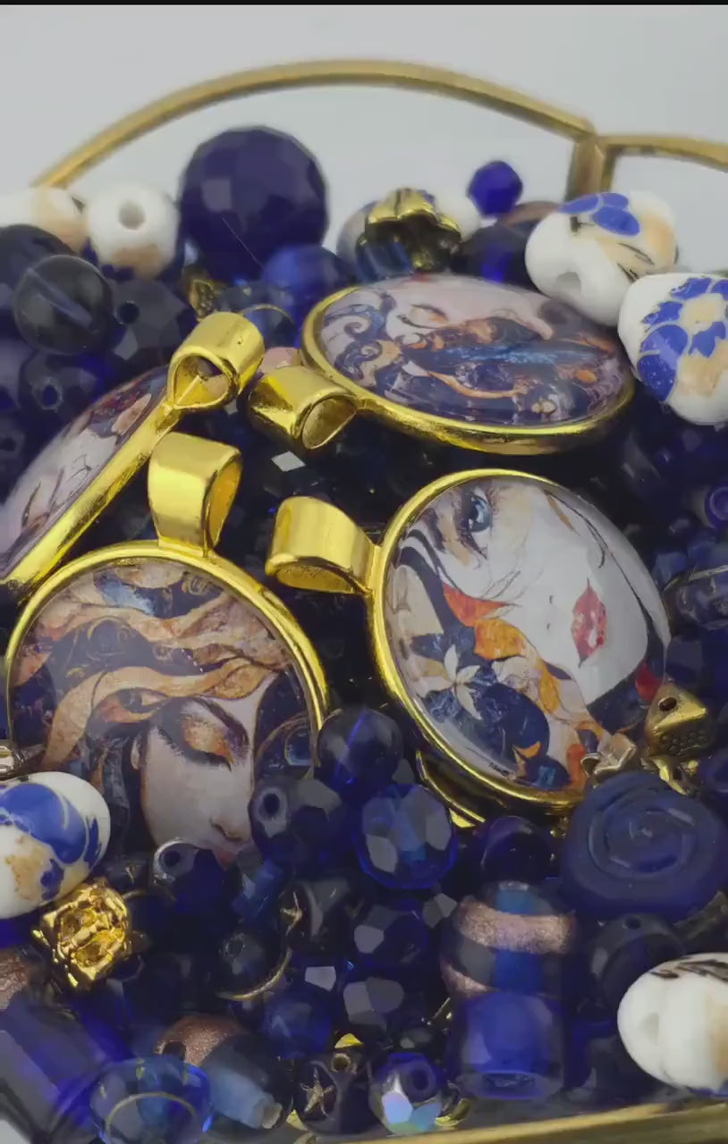 Bead Soup Mix, Cobalt & Gold Foil Glass Beads | Art Nouveau Cabochon | DIY Jewelry