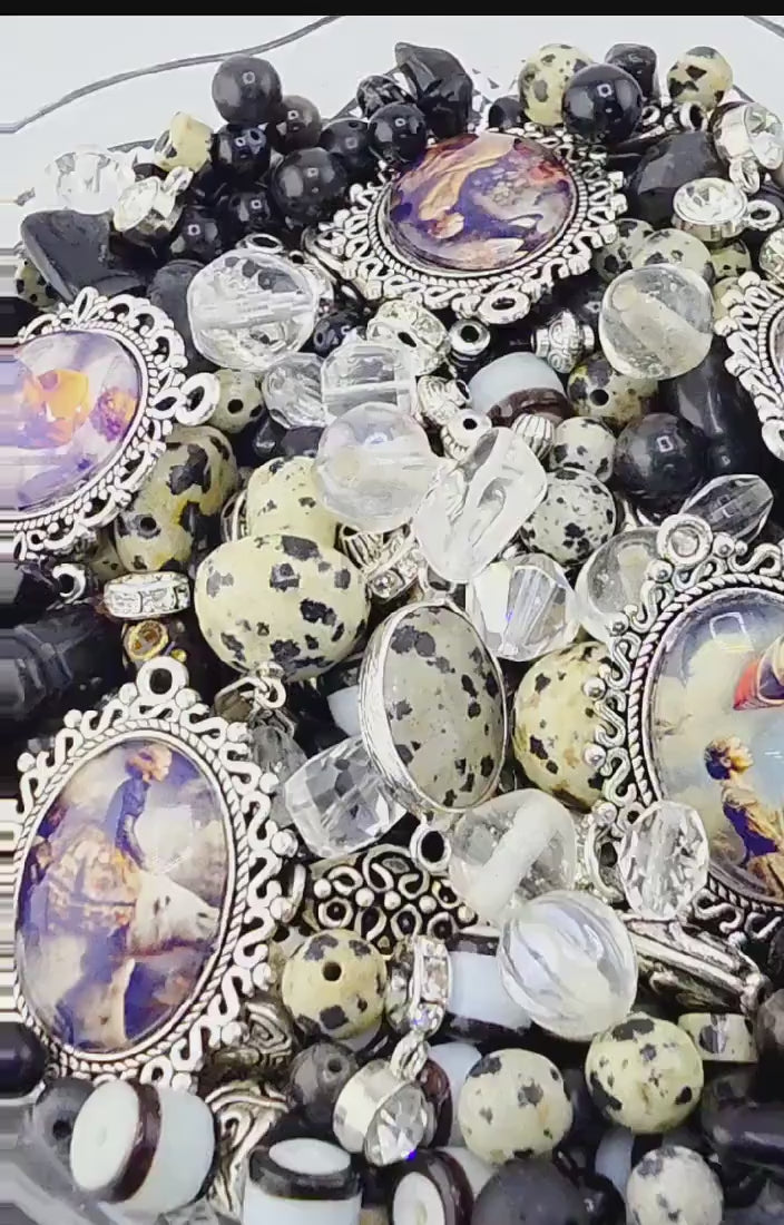 Folklore Bead Soup Mix | Black, Cream and Jasper Glass Beads | Fantasy Portrait Cabochon Pendants | DIY Jewelry Making | Learise Curated Mix