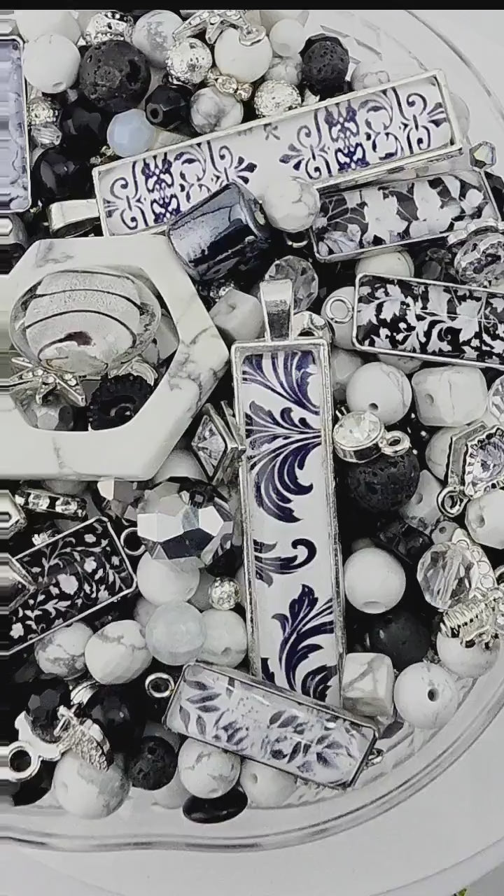 Smoke and Silver Bead Soup Mix | Black and White Damask Glass Beads | Toile Bar Cabochon Pendants | DIY Jewelry Making | Learise Curated Mix