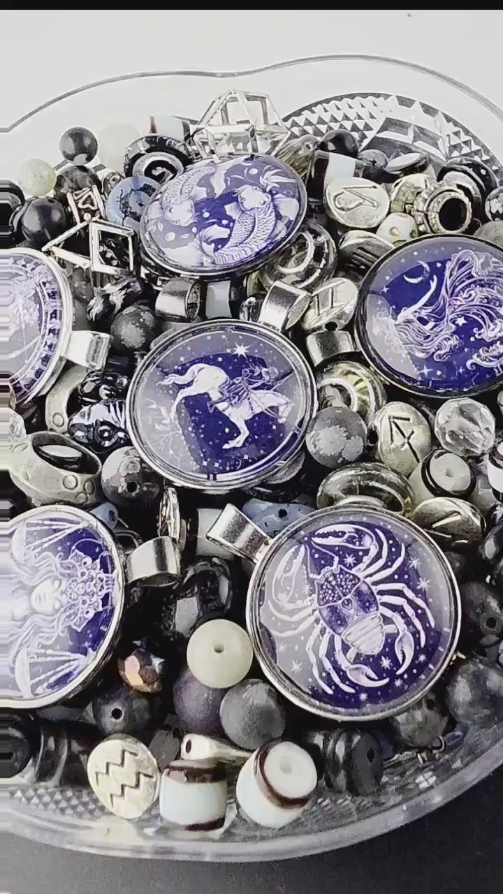 Starborn Bead Soup Mix | Inky Purple and Silver Glass Beads | Zodiac Cabochon Pendants | DIY Jewelry Making | Learise Curated Mix
