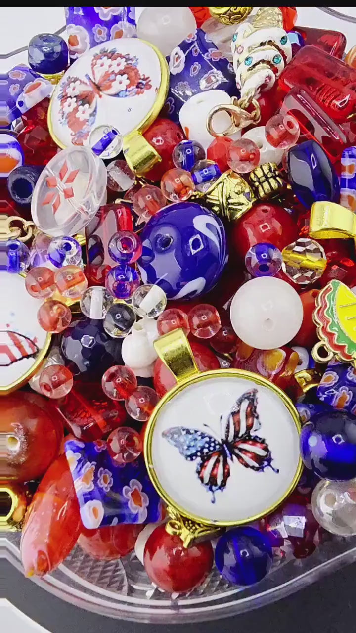 Star-Spangled Bead Soup Mix | Red, White and Blue Glass Beads | Patriotic Butterfly Cabochon Pendants | DIY Jewelry Making