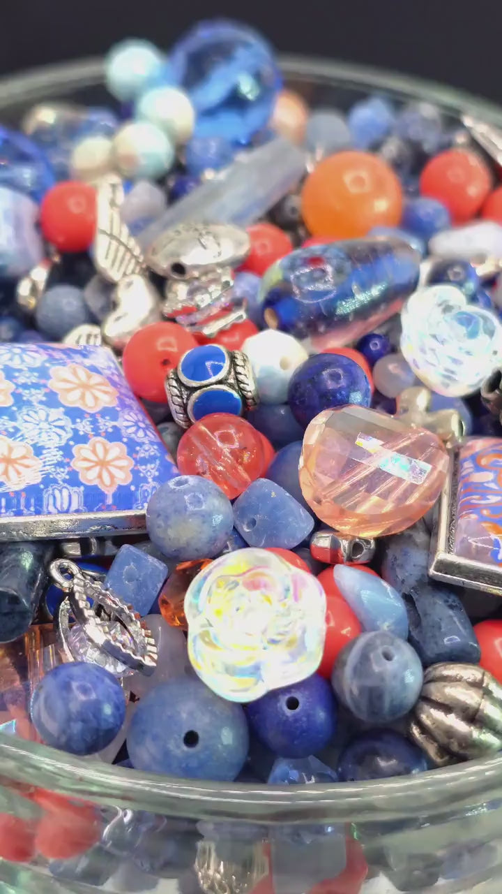 Saffron and Sapphire Bead Soup Mix | Cobalt and Orange Glass Beads | Moroccan Tile and Lily Cabochon Pendants | DIY Jewelry Making