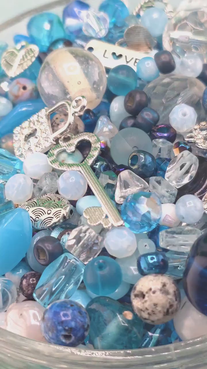 Zen Blue bead Mix. Glass, Gemstone and metal beads with alloy charms Blue and Aqua Shades (2oz Bead Set)