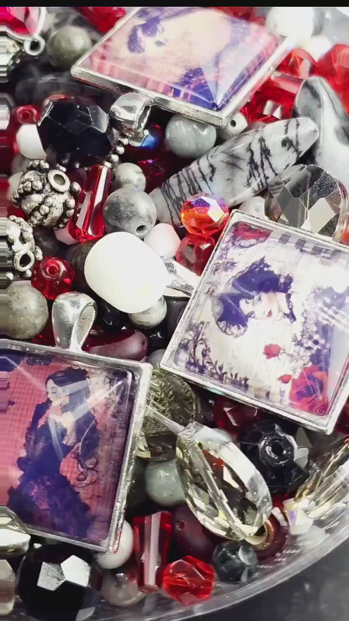 Scarlet and Smoke Bead Soup Mix | Scarlet Red and Black Glass Beads | Gothic Portrait Cabochon Pendants | DIY Jewelry Making