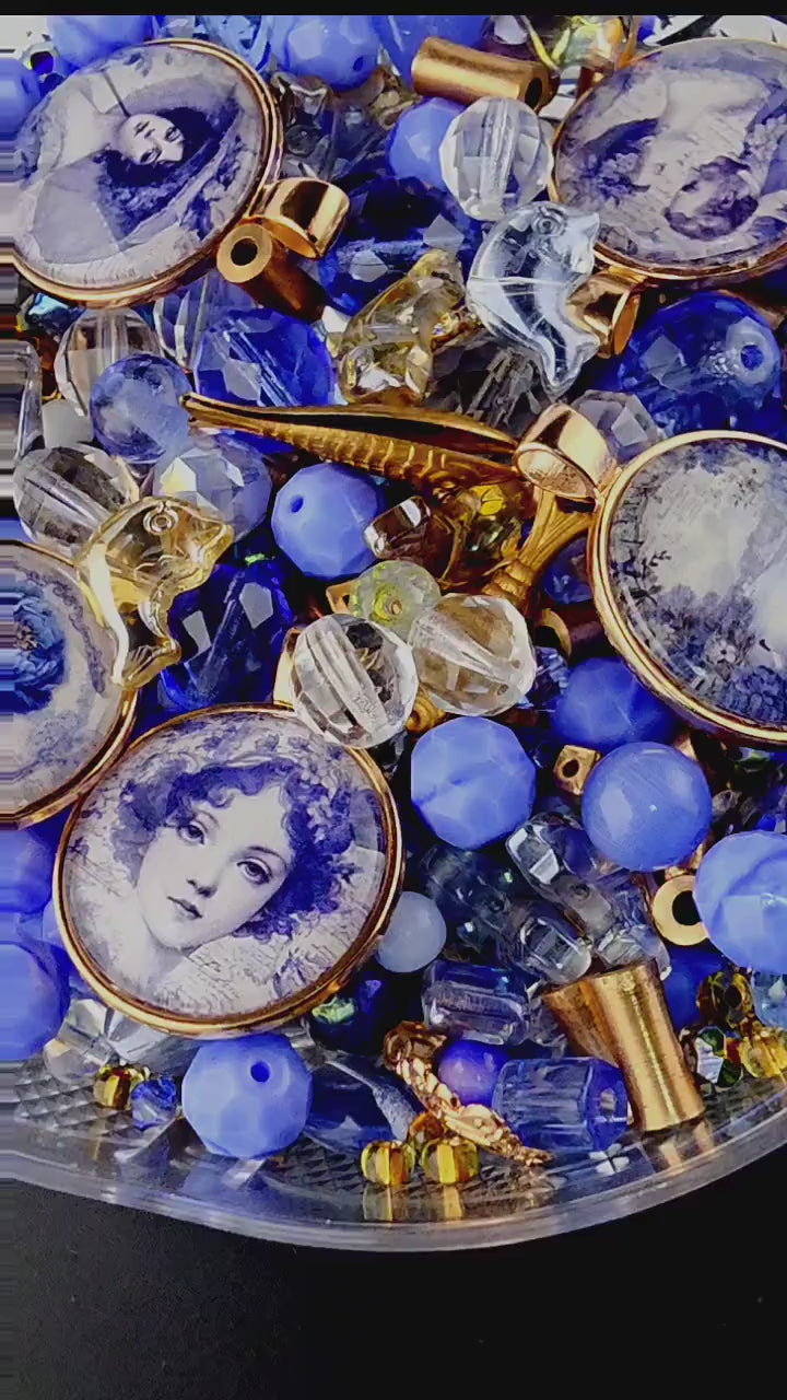 Belle Époque Bead Soup Mix | Periwinkle and Rose Gold Glass Beads | Vintage Portrait Cabochon Pendants | DIY Jewelry Making