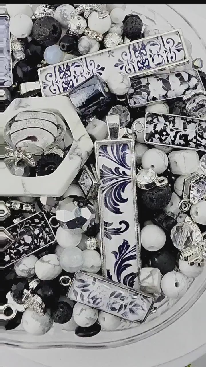 Smoke and Silver Bead Soup Mix | Black and White Damask Glass Beads | Toile Bar Cabochon Pendants | DIY Jewelry Making | Learise Curated Mix