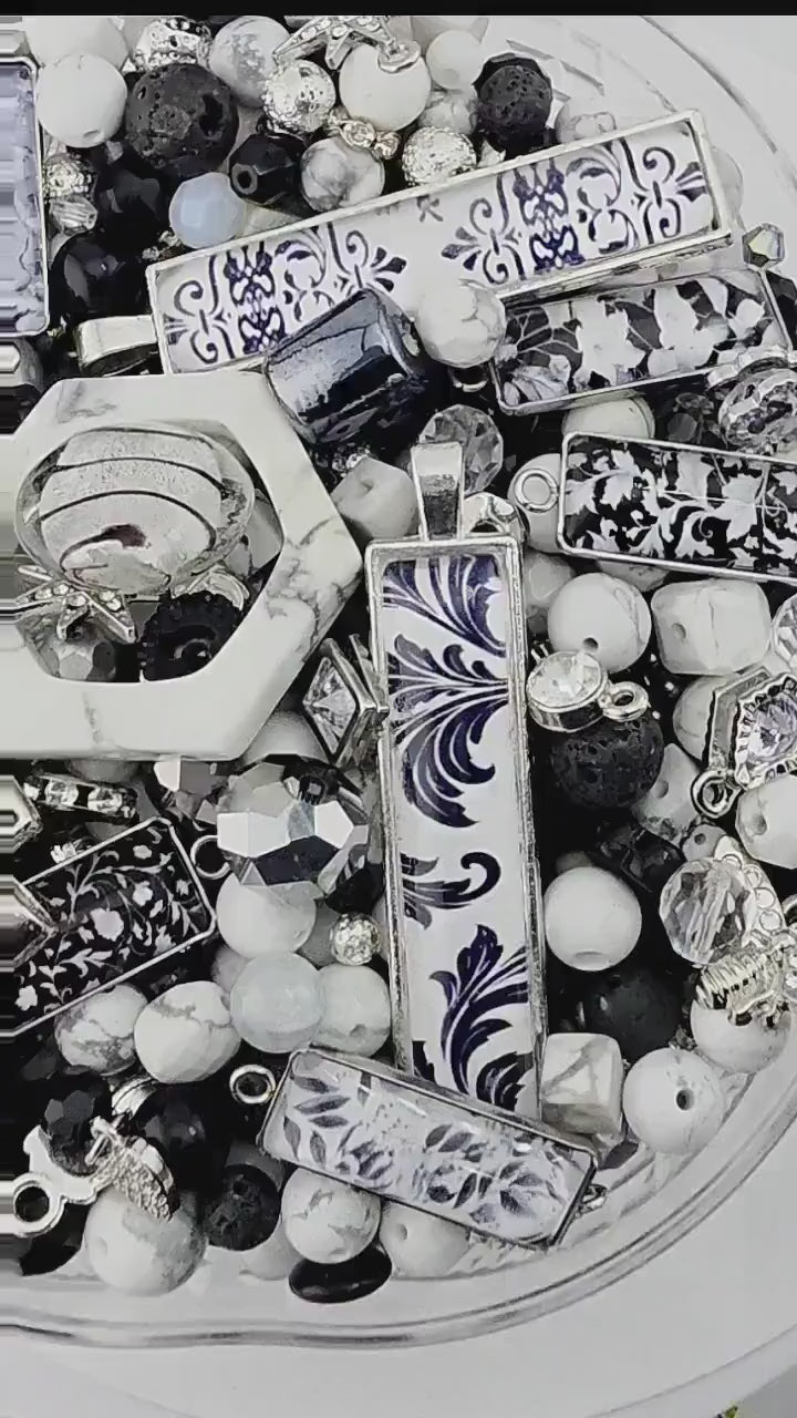 Bead Soup Mix, Smoke & Silver Damask | Monochrome Glass Beads | DIY Jewelry