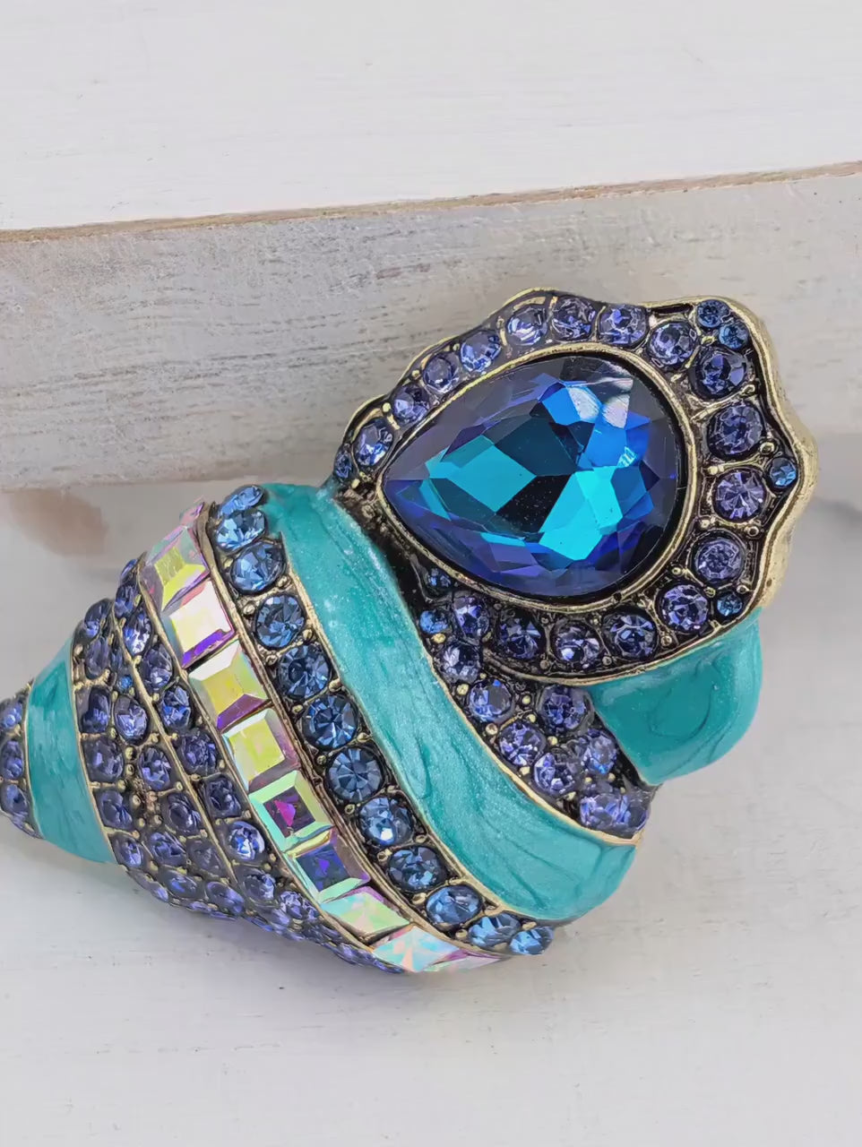 Coastal Brooch: Blue Shell Pin - Gold & Silver Plated with Rhinestones