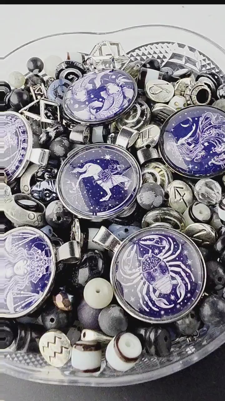 Starborn Bead Soup Mix | Inky Purple and Silver Glass Beads | Zodiac Cabochon Pendants | DIY Jewelry Making | Learise Curated Mix