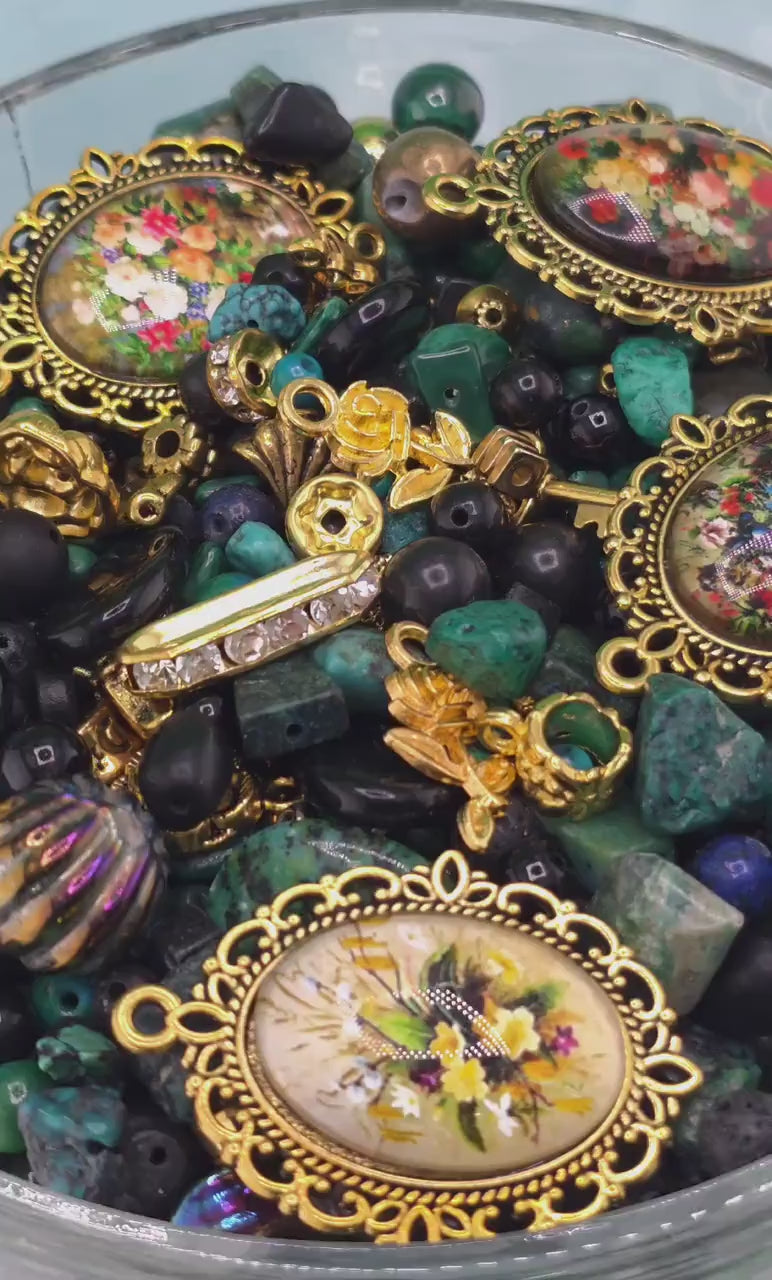 Mixed Gemstone and Glass Mix "To have and Bead-hold" with matching botanical theme charms and metal beads (2oz Jewelry Supply)